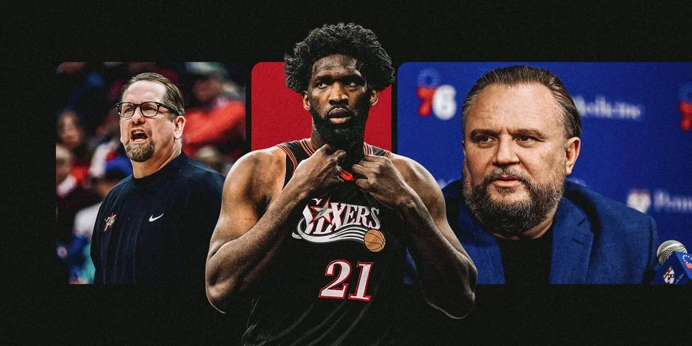 An illustration featuring Sixers coach Nick Nurse, star Joel Embiid and GM Daryl Morey.